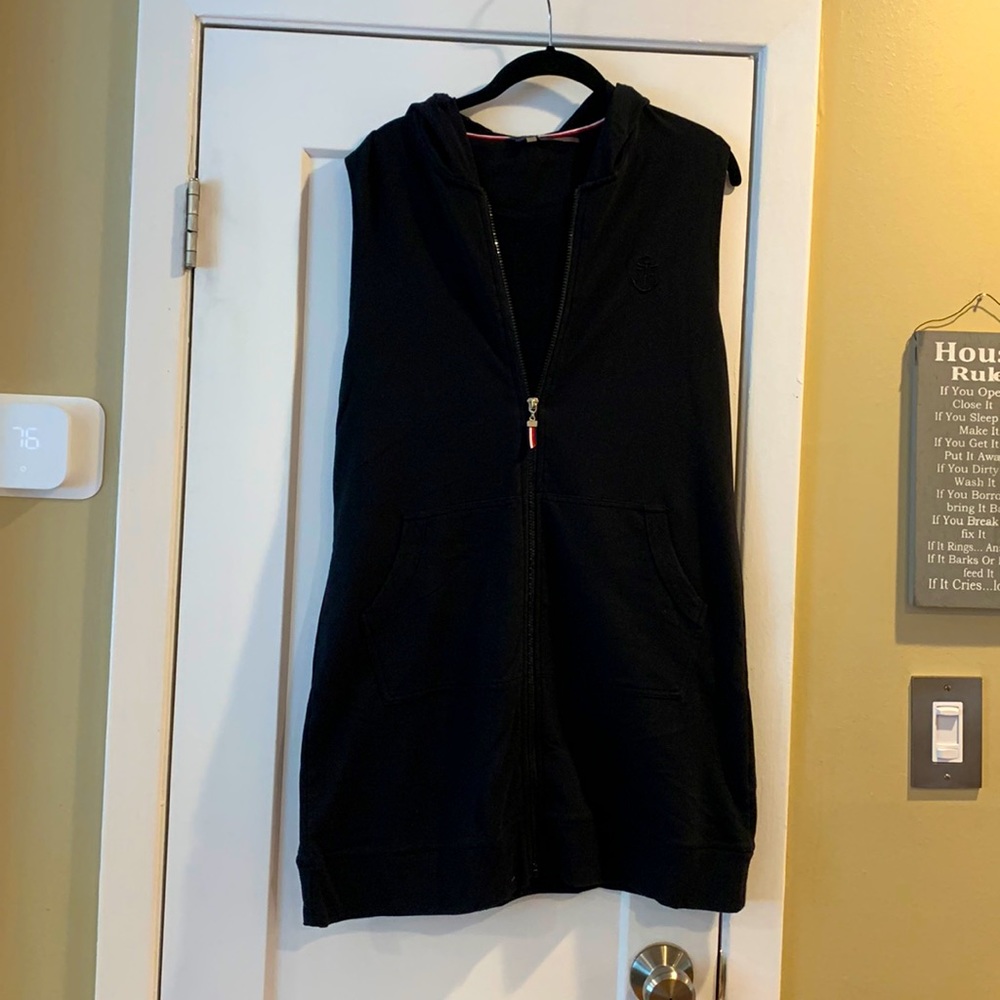 Black Tommy Hilfiger size S sleeveless hooded tunic zipper sweatshirt w/ pockets